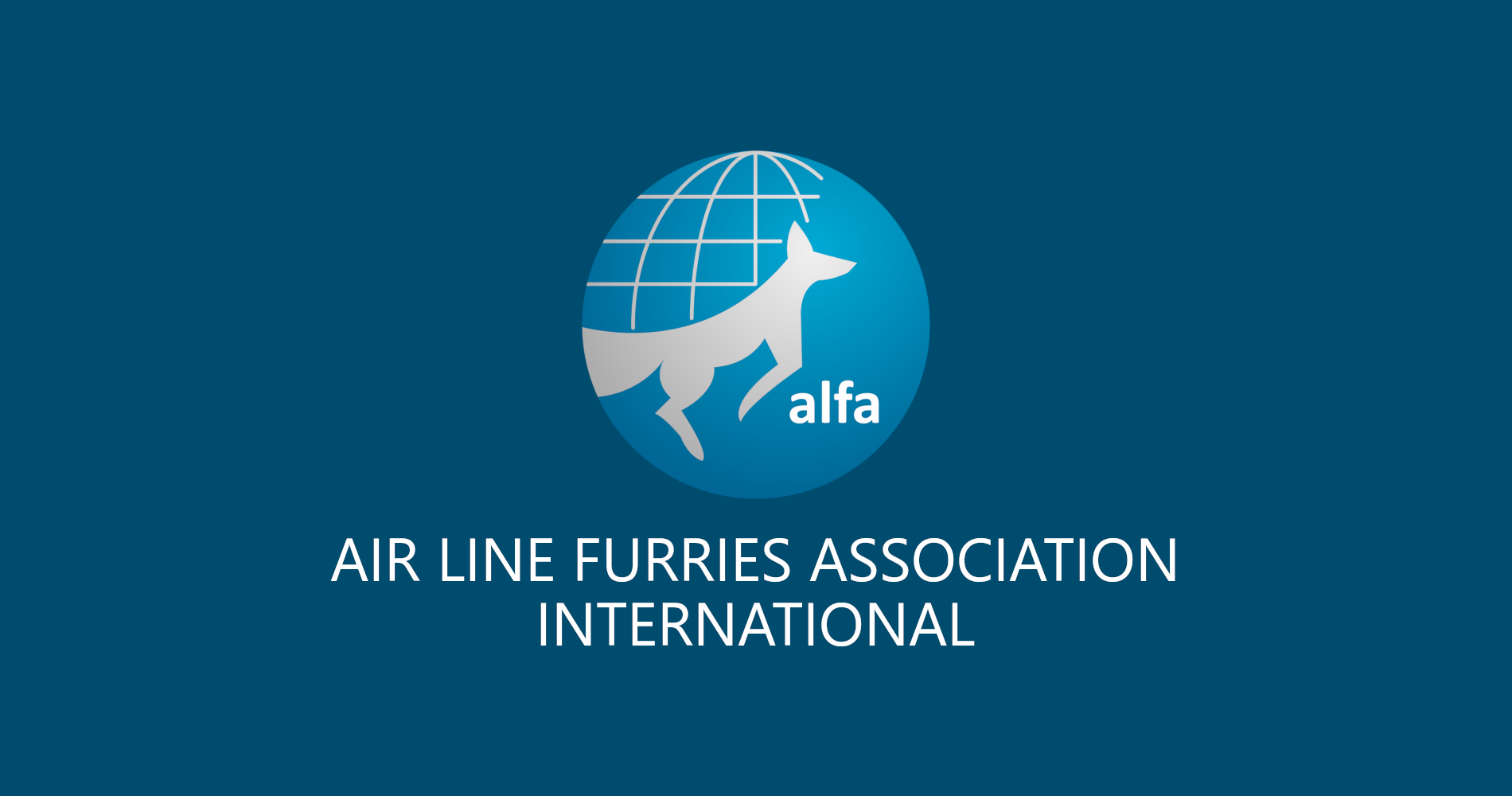 The flag of ALFA. In the center of the flag is the ALFA logo. Beneath it is the text 'Air Line Furries Association, International' on two lines, with 'International' the sole word on the second line.