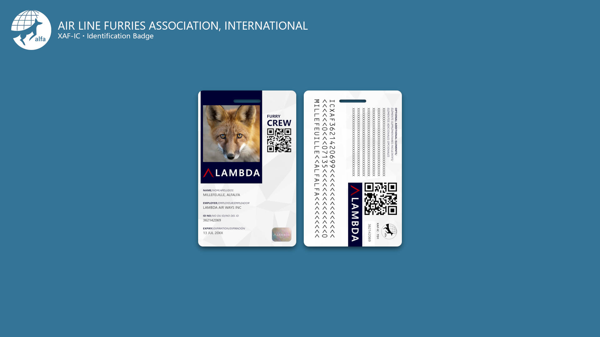 The front and back image of an ALFA-Designed Identification Badge. The front of the card is on the left while the back of the card is on the right. The front features a picture of the fox and a company logo around a colored border, with pertinent information about the badge holder underneath. On front's right are the words 'FURRY CREW' and a QR code. On the back is an area for optional information, a QR code, and a machine-readable zone.