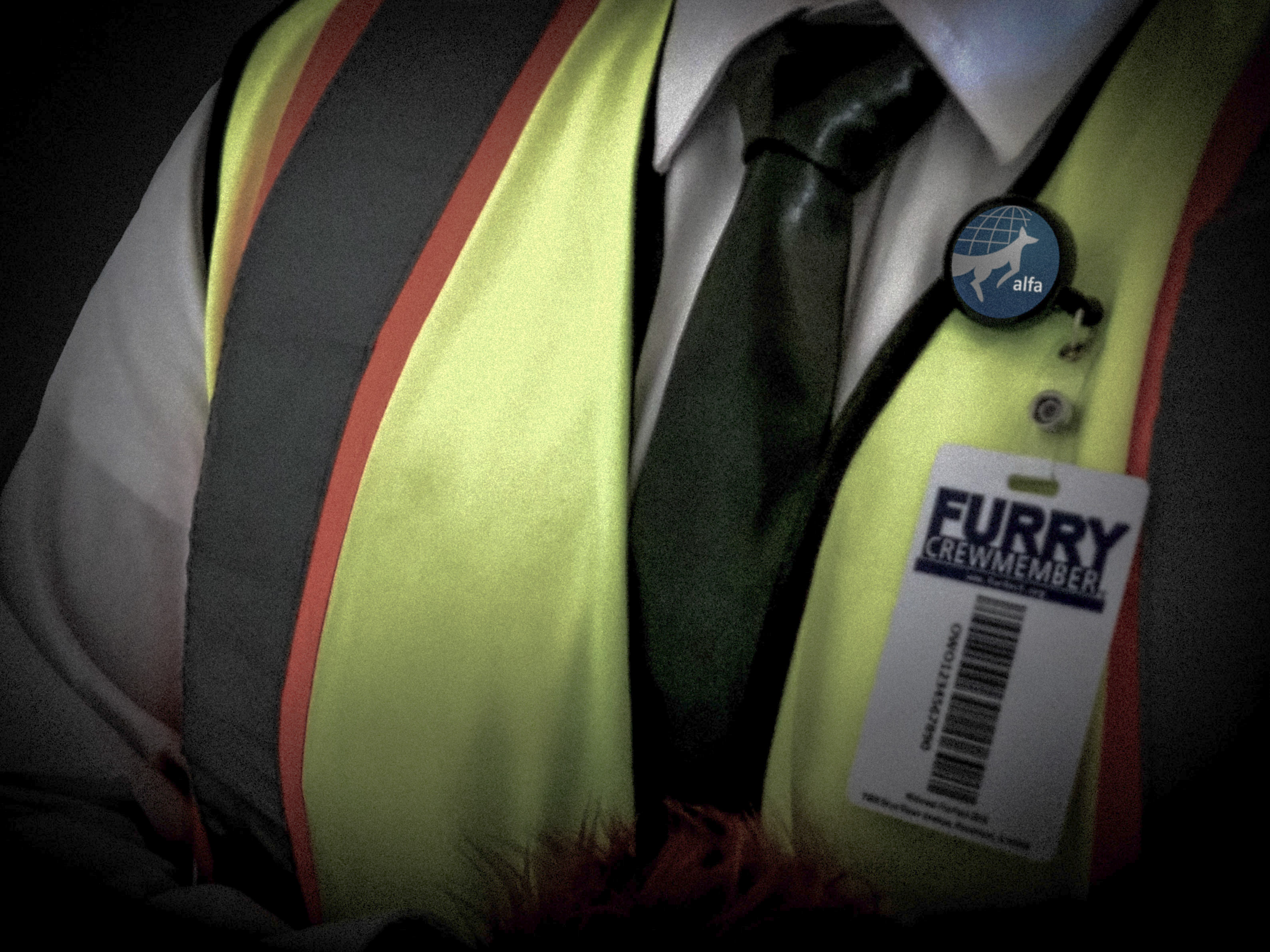 A person wearing a white button-up long-sleeved shirt, black tie, high-visibility yellow safety vest, and a circular badge reel with the ALFA logo in the circle. A 'Furry Crewmember' badge with barcode is attached to the badge reel.
